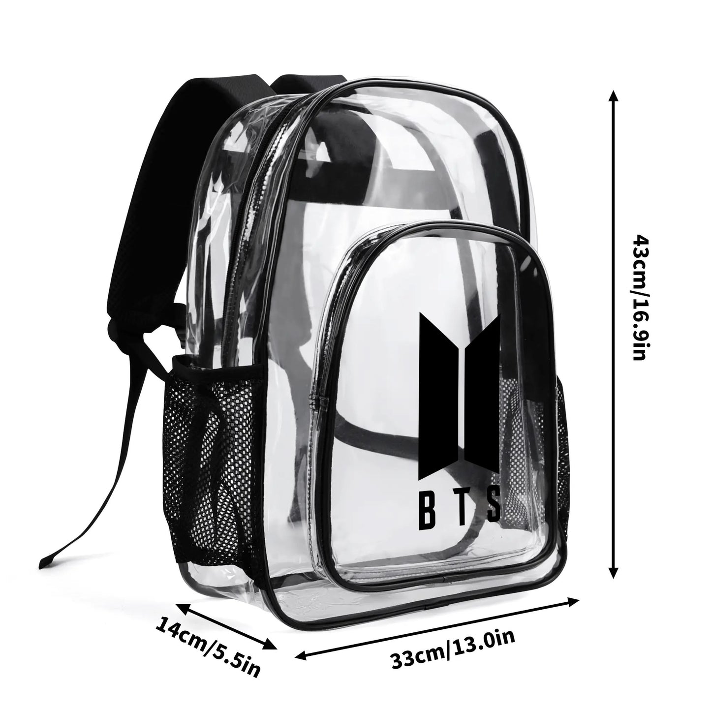 BTS Black Logo Clear Backpack 17 Inch PVC Transparent Bookbag