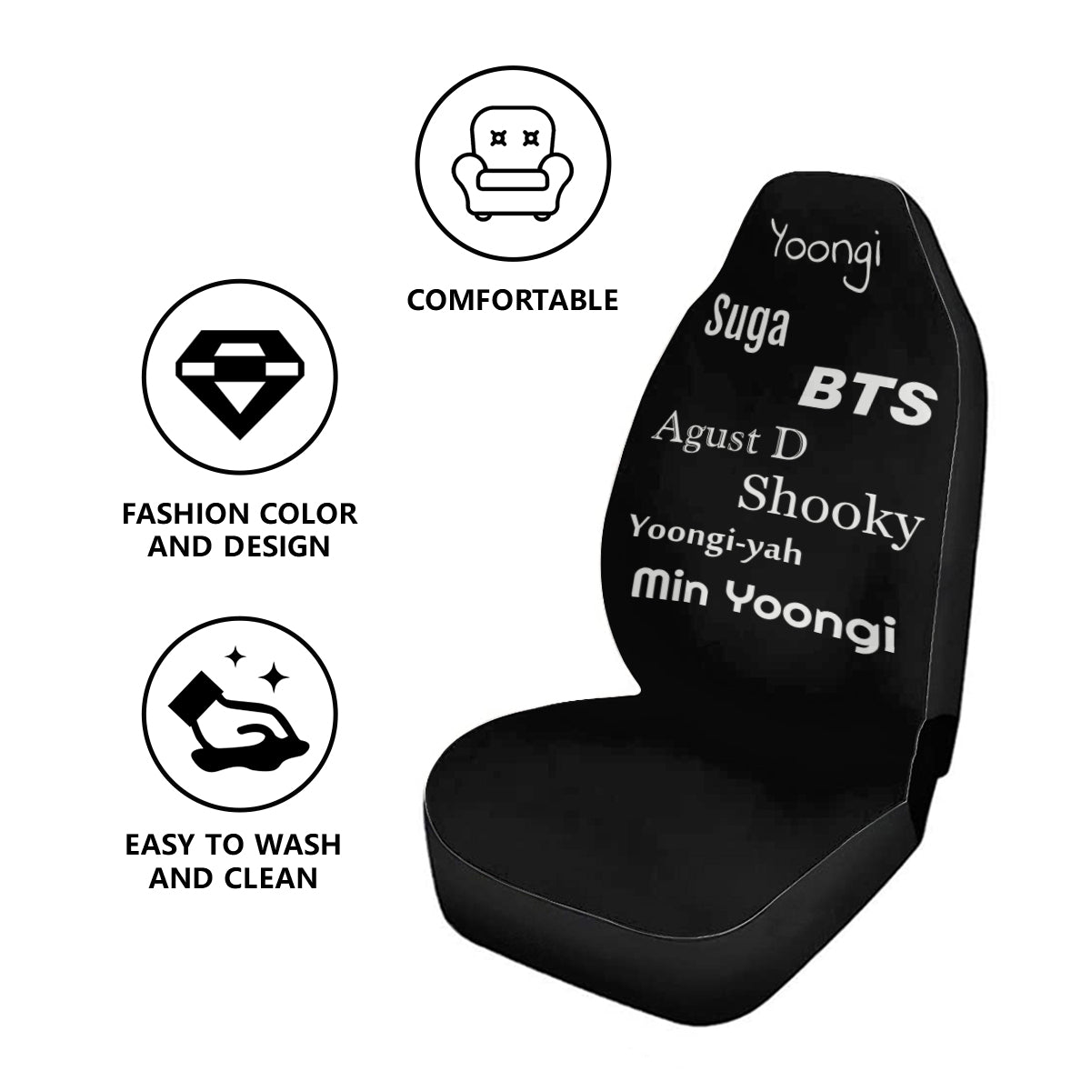 BTS Suga - Yoongi Car Seat Covers - Set of 2 - BTS Agust D car seat covers - bangtan army car accessories - bts car