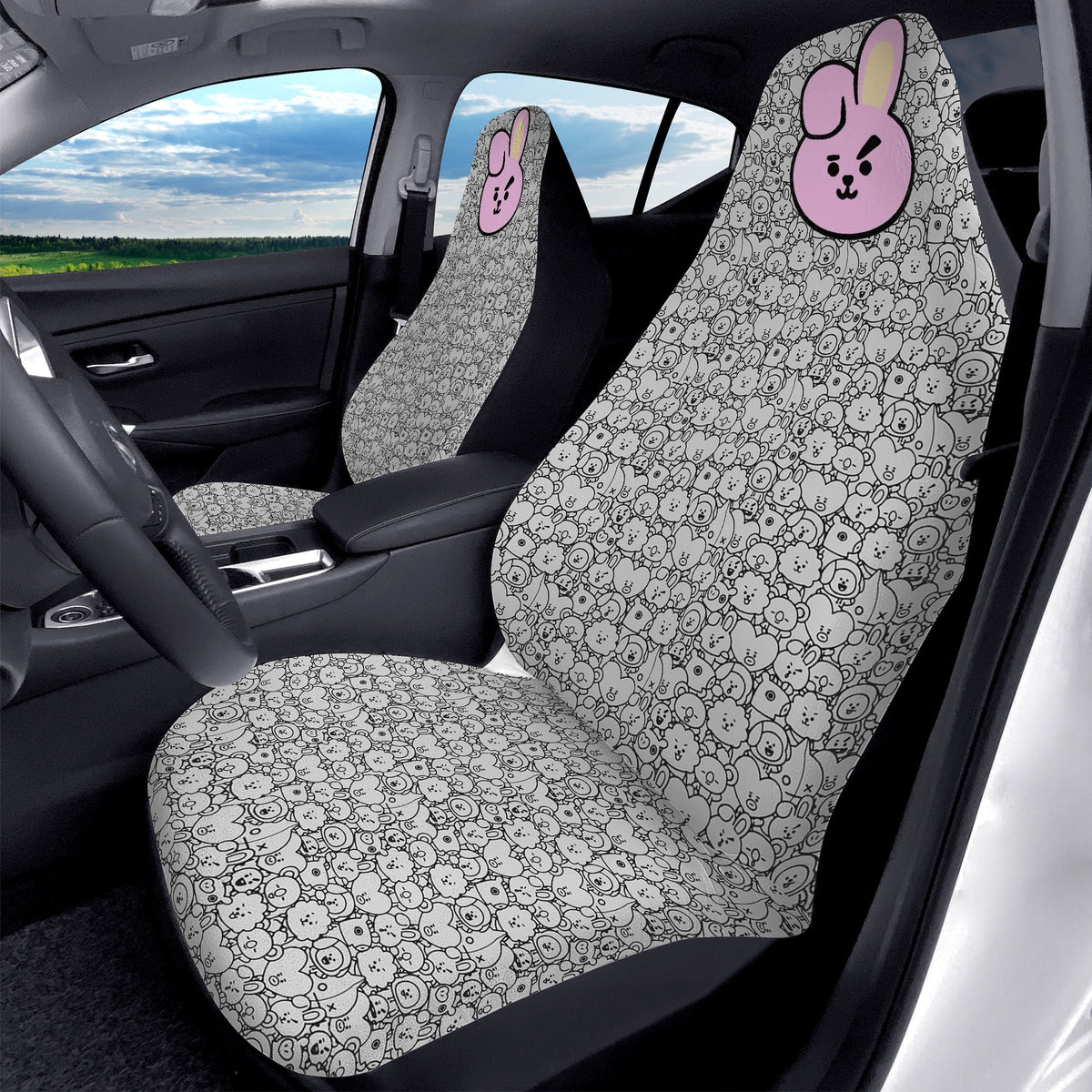 BTS BT21 Black & White Cooky Microfiber Car Seat Covers - Set of 2 - BTS car seat cover - bangtan army car accessories - bts car - bts fan - Beyond The Shoppe