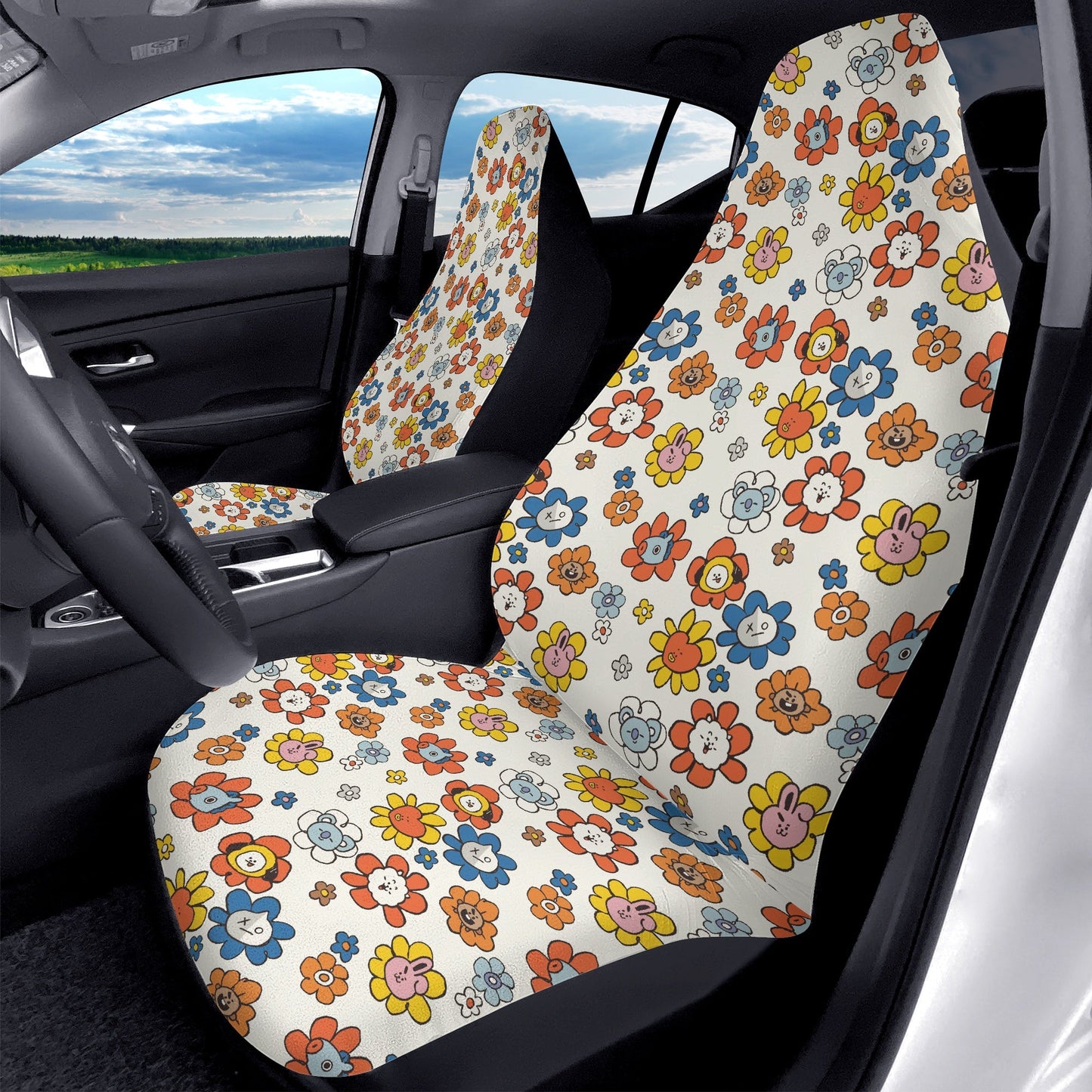 BTS BT21 Flowers Themed Car Seat Covers - Set of 2 - BTS car seat cover - bangtan army car accessories - bts car - bts fan - Beyond The Shoppe