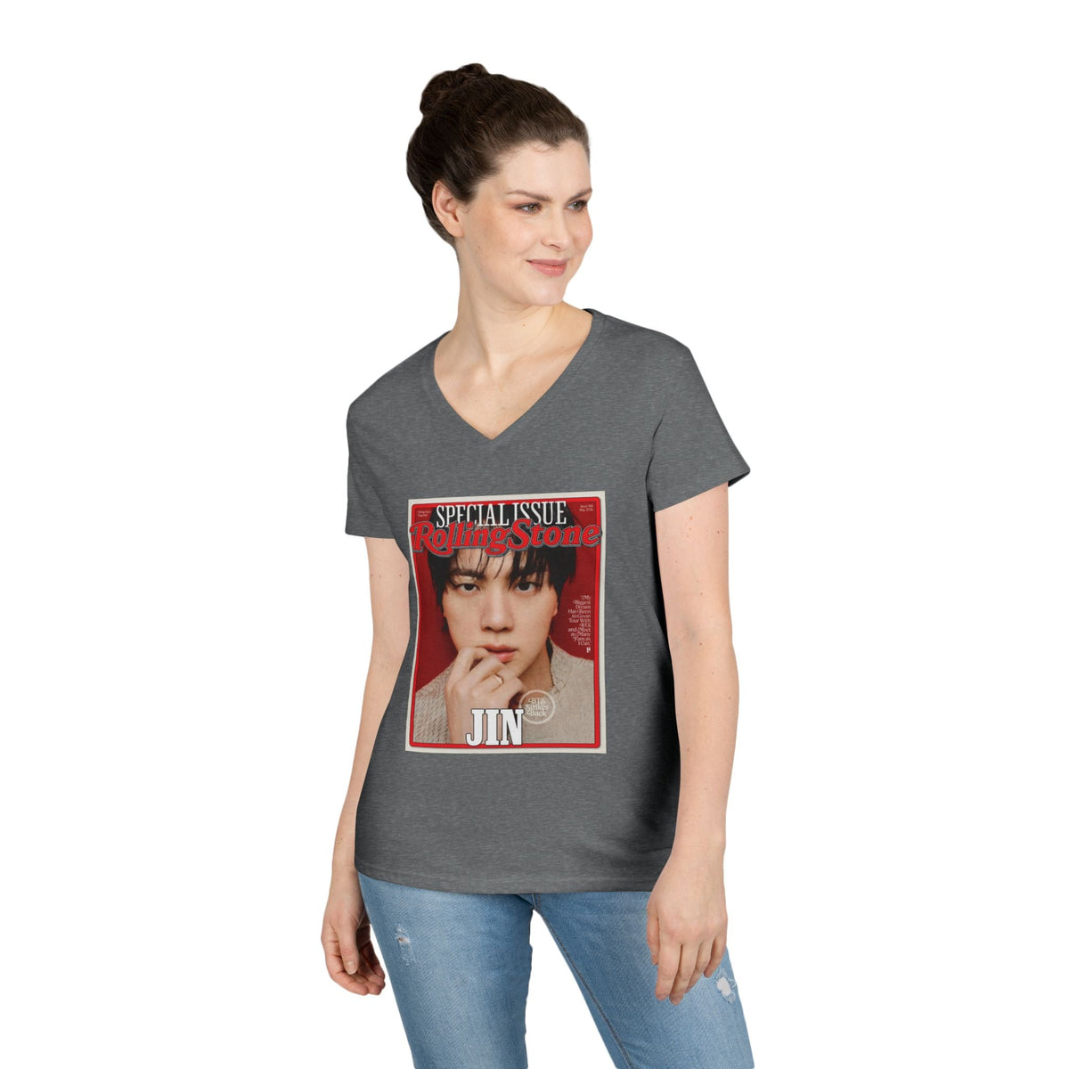 BTS Jin Deep V - Neck Tee - Tshirt with Rolling Stones Cover Graphic & BTS Members Names on Back - 6 Sizes - Beyond The Shoppe