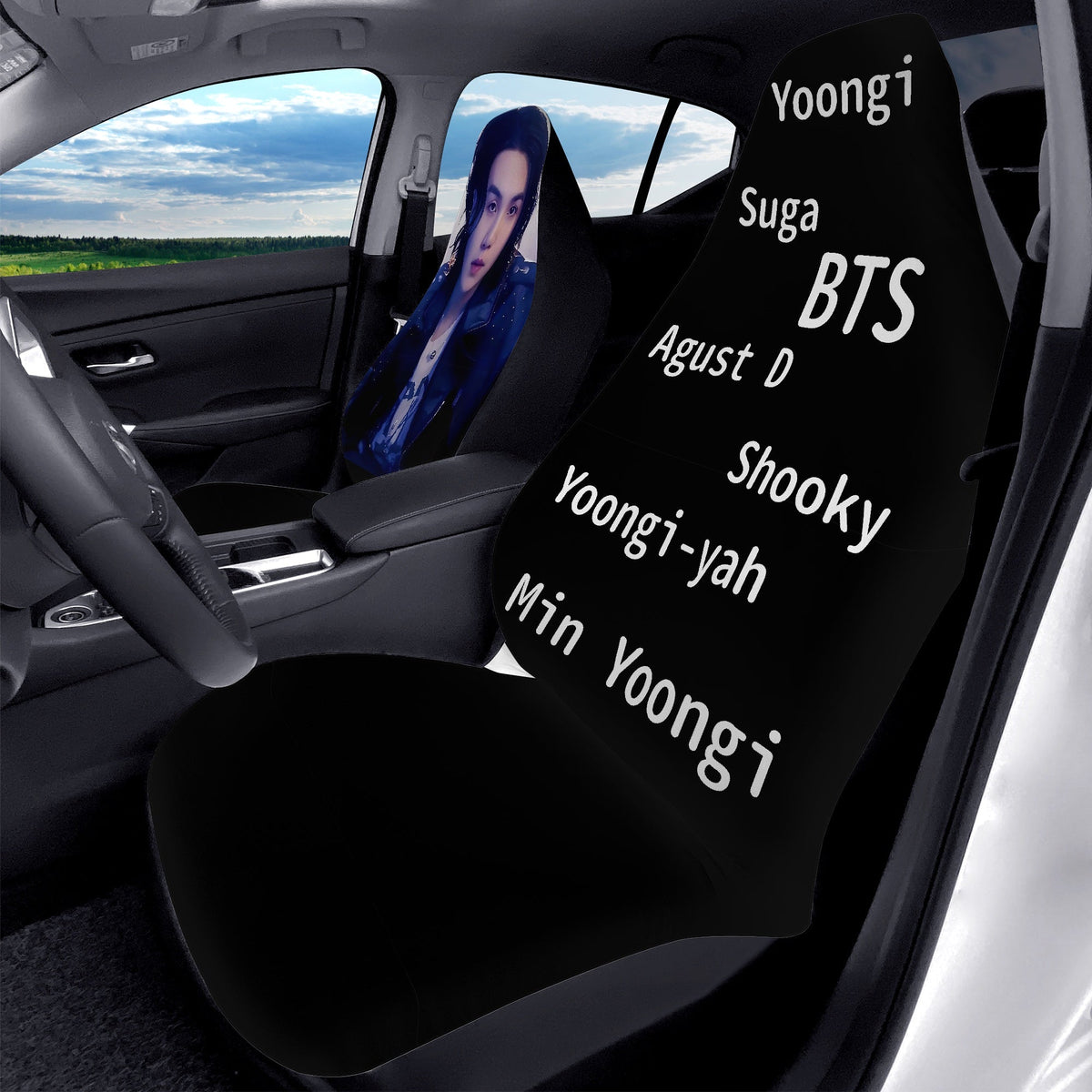 BTS Suga - Yoongi Car Seat Microfiber Covers - Set of 2 - BTS Agust D car seat covers - bangtan army car accessories - ARMY gift - Beyond The Shoppe