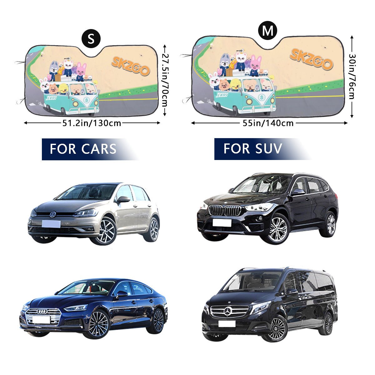 Stray Kids Skzoo Car Windshield Sunshade - SKZOO on the road! 3 sizes! Car sun visor - Car sun blocker - Windshield heat shield - Auto - Beyond The Shoppe
