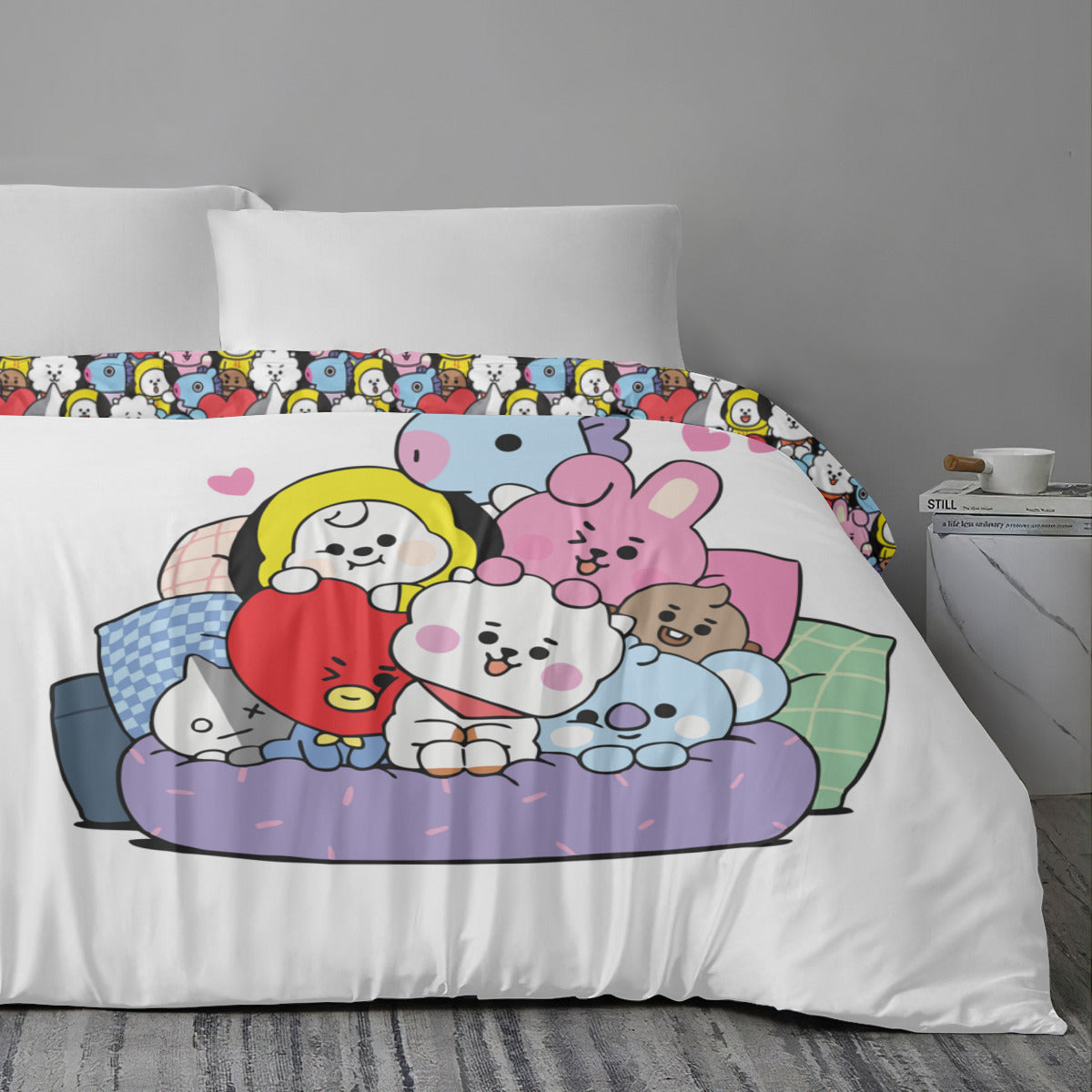 BTS BT21 - Quilt Cover Four-Piece Set - Quilt cover, 2 Pillowcases and 1 Bed Sheet - ARMY bedroom decor! Blanket and sheet set