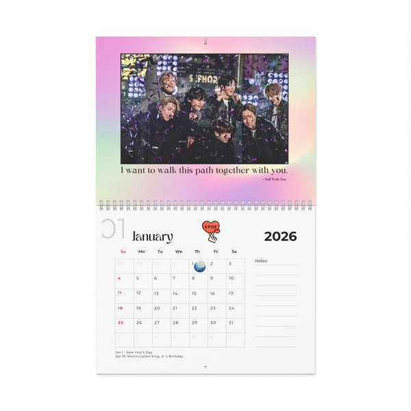 BTS 2026 Wall Calendar with Meaningful Lyrics Monthly Planner KPop Gift