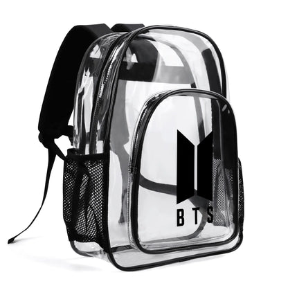 BTS Black Logo Clear Backpack 17 Inch PVC Transparent Bookbag