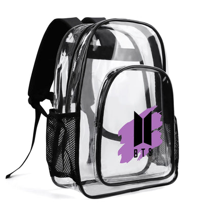 BTS Logo with Purple Clear Backpack 17 Inch PVC Transparent Bookbag