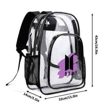 BTS Logo with Purple Clear Backpack 17 Inch PVC Transparent Bookbag