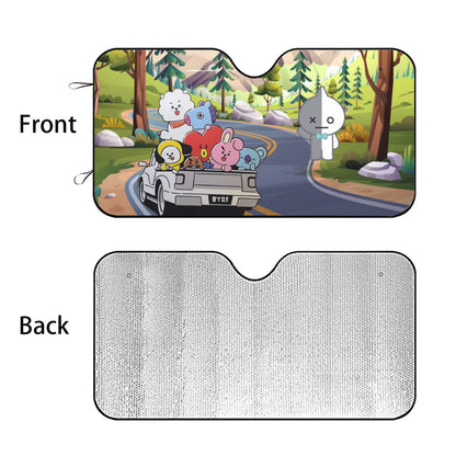 BT21 On The Road! Car Sun Shade - BT21 Car Sun Shade - Windshield Cover Visor - Gift for Bangtan Fan, Army Car Sunshade BTS