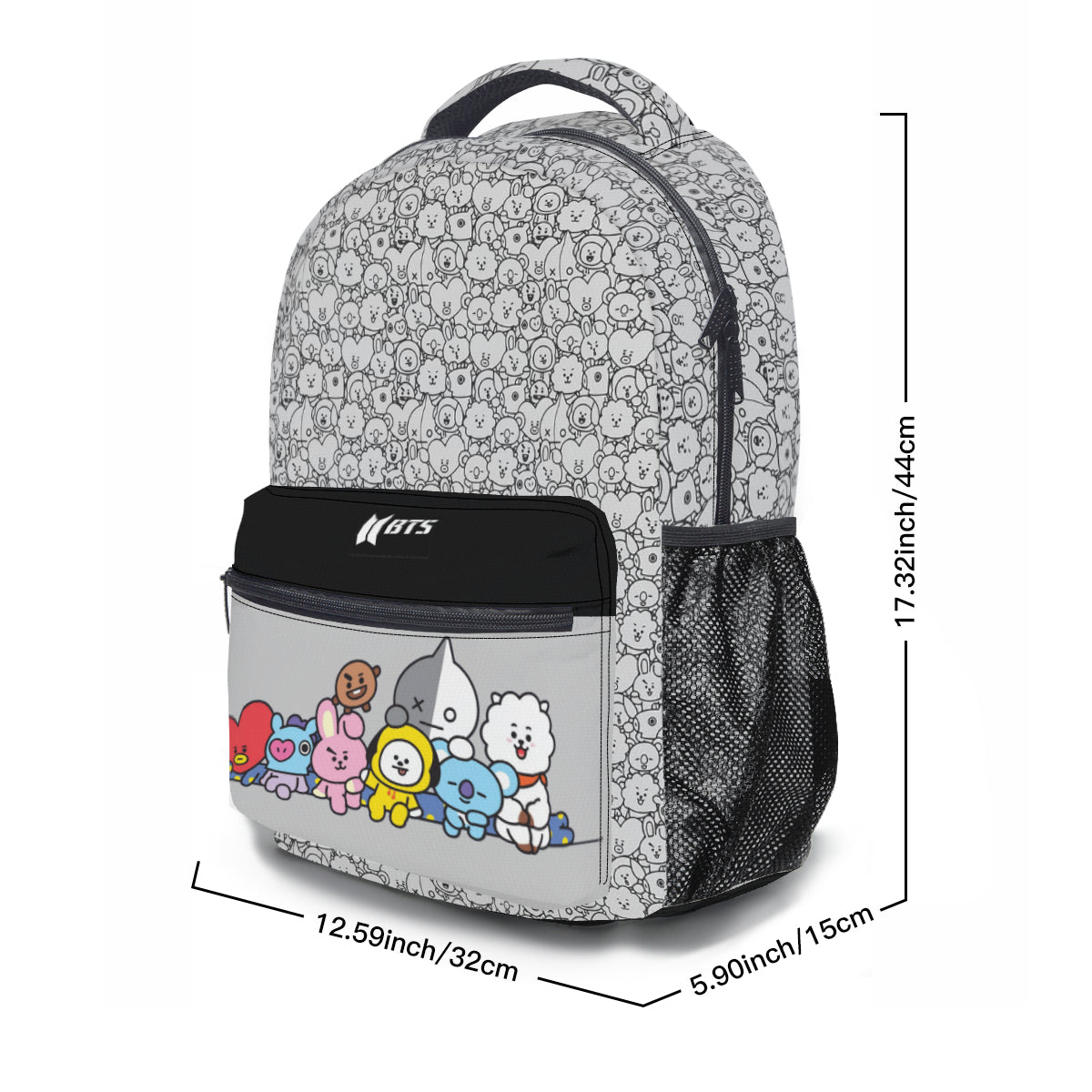 BTS BT21 with Black and Grey pattern Backpack Bookbag - Great for school and more!