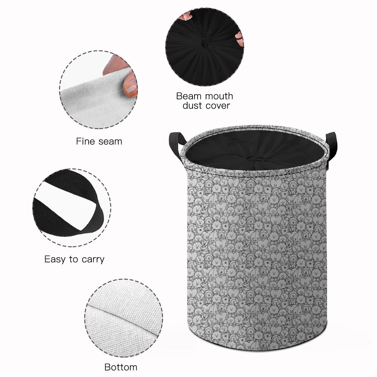 BTS BT21 Black and White Pattern Laundry Basket With Drawstring - Kpop laundry bag