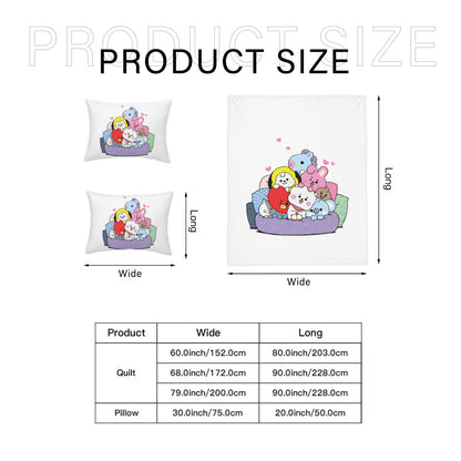 BTS BT21 - Quilt Cover Four-Piece Set - Quilt cover, 2 Pillowcases and 1 Bed Sheet - ARMY bedroom decor! Blanket and sheet set