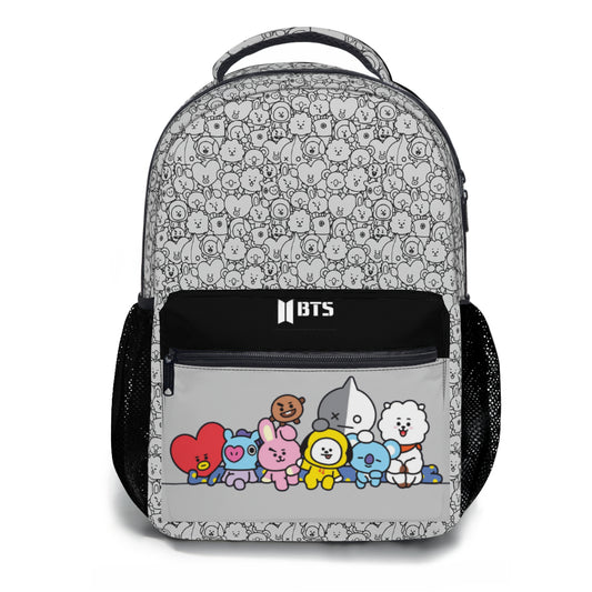 BTS BT21 with Black and Grey pattern Backpack Bookbag - Great for school and more!