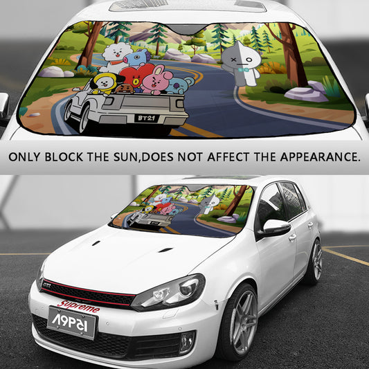 BT21 On The Road! Car Sun Shade - BT21 Car Sun Shade - Windshield Cover Visor - Gift for Bangtan Fan, Army Car Sunshade BTS