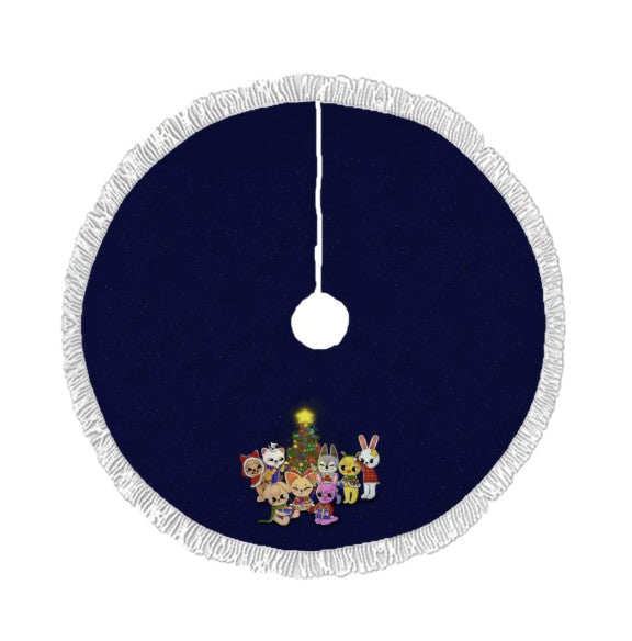 Stray Kids Skzoo Dark Blue Holiday Tree Skirt – Plush Christmas Tree Skirt - Soft, Cozy & Festive Decor