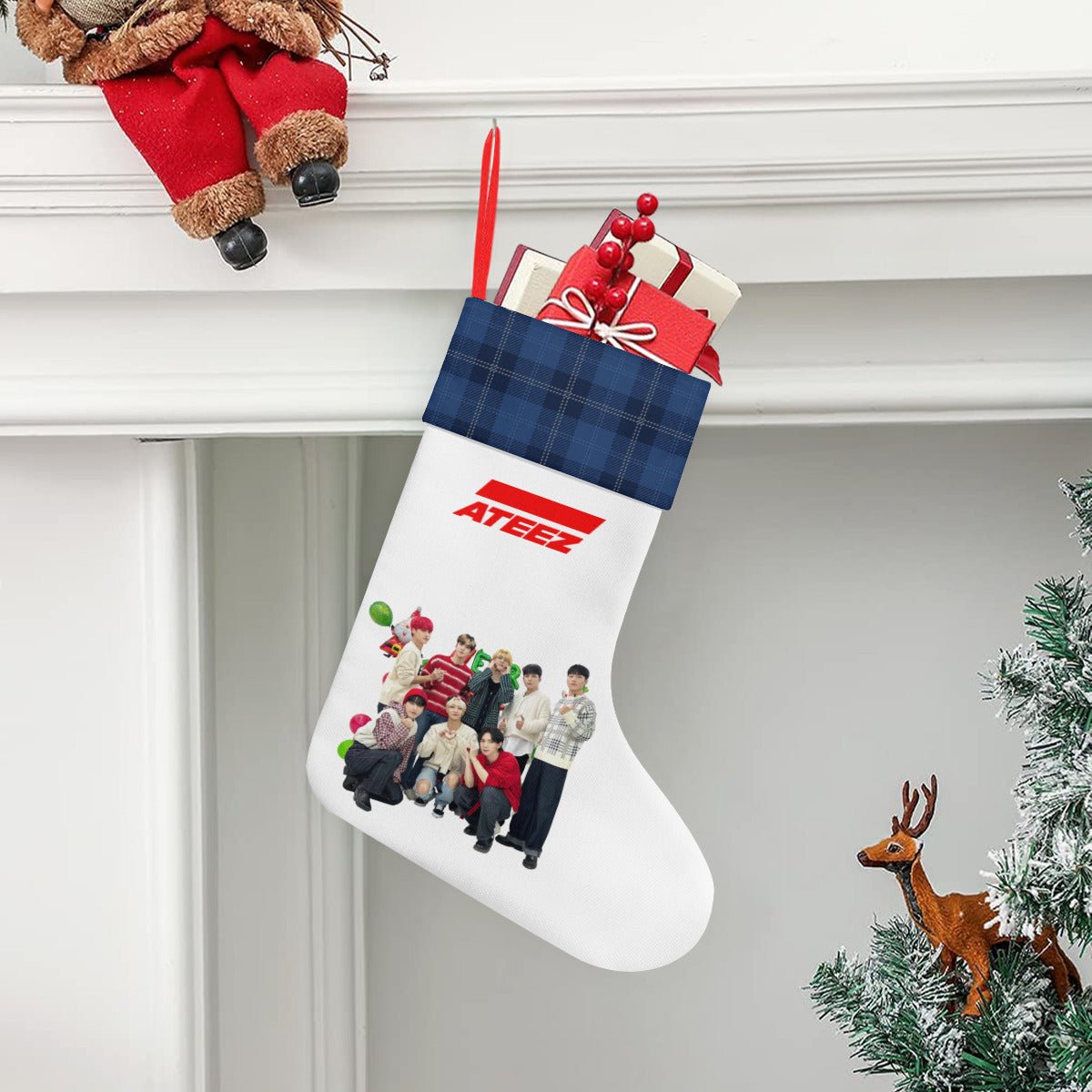 Ateez - Aniteez Blue & White Classic Holiday 16 - Inch Linen Christmas Stocking – Decor, Soft & Durable - Beyond The Shoppe