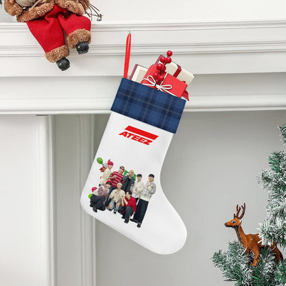 Ateez - Aniteez Blue & White Classic Holiday 16 - Inch Linen Christmas Stocking – Decor, Soft & Durable - Beyond The Shoppe