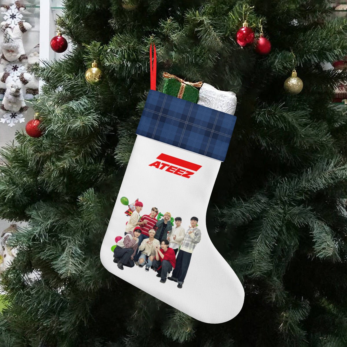 Ateez - Aniteez Blue & White Classic Holiday 16 - Inch Linen Christmas Stocking – Decor, Soft & Durable - Beyond The Shoppe