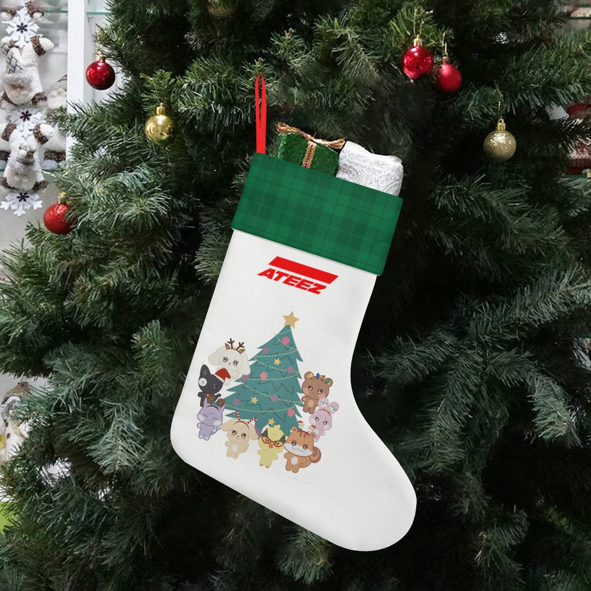 Ateez - Aniteez Green & White Classic Holiday 16 - Inch Linen Christmas Stocking – Decor, Soft & Durable - Beyond The Shoppe