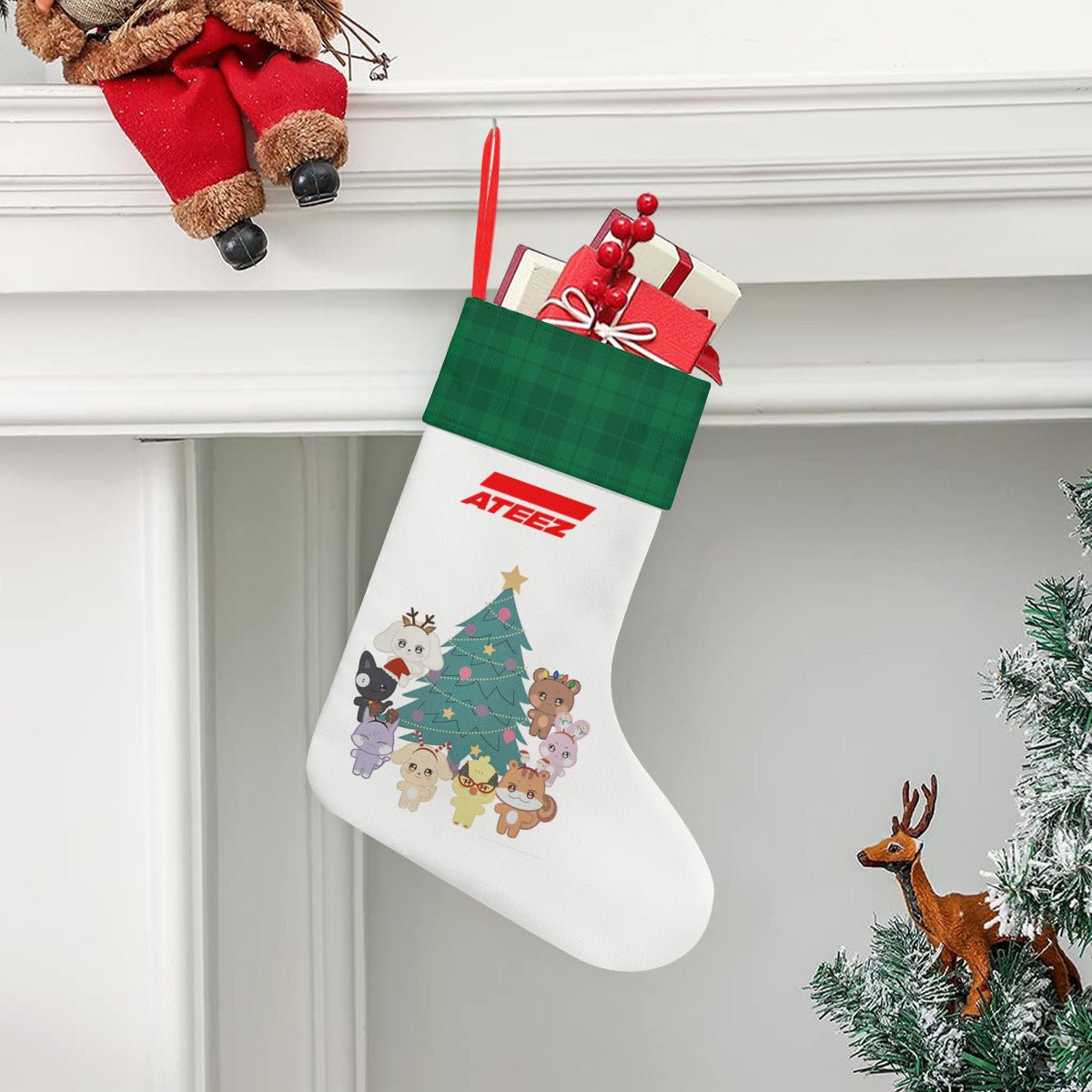 Ateez - Aniteez Green & White Classic Holiday 16 - Inch Linen Christmas Stocking – Decor, Soft & Durable - Beyond The Shoppe