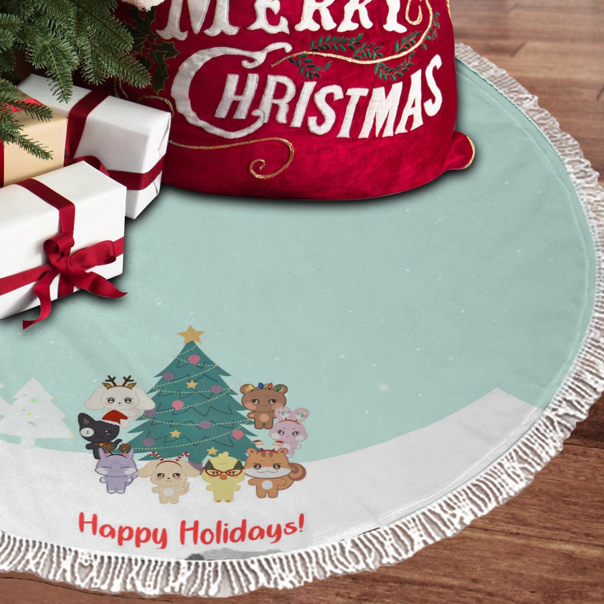 Ateez - Aniteez Happy Holidays Holiday Tree Skirt – Plush Christmas Tree Skirt - Soft, Cozy & Festive Decor - Beyond The Shoppe