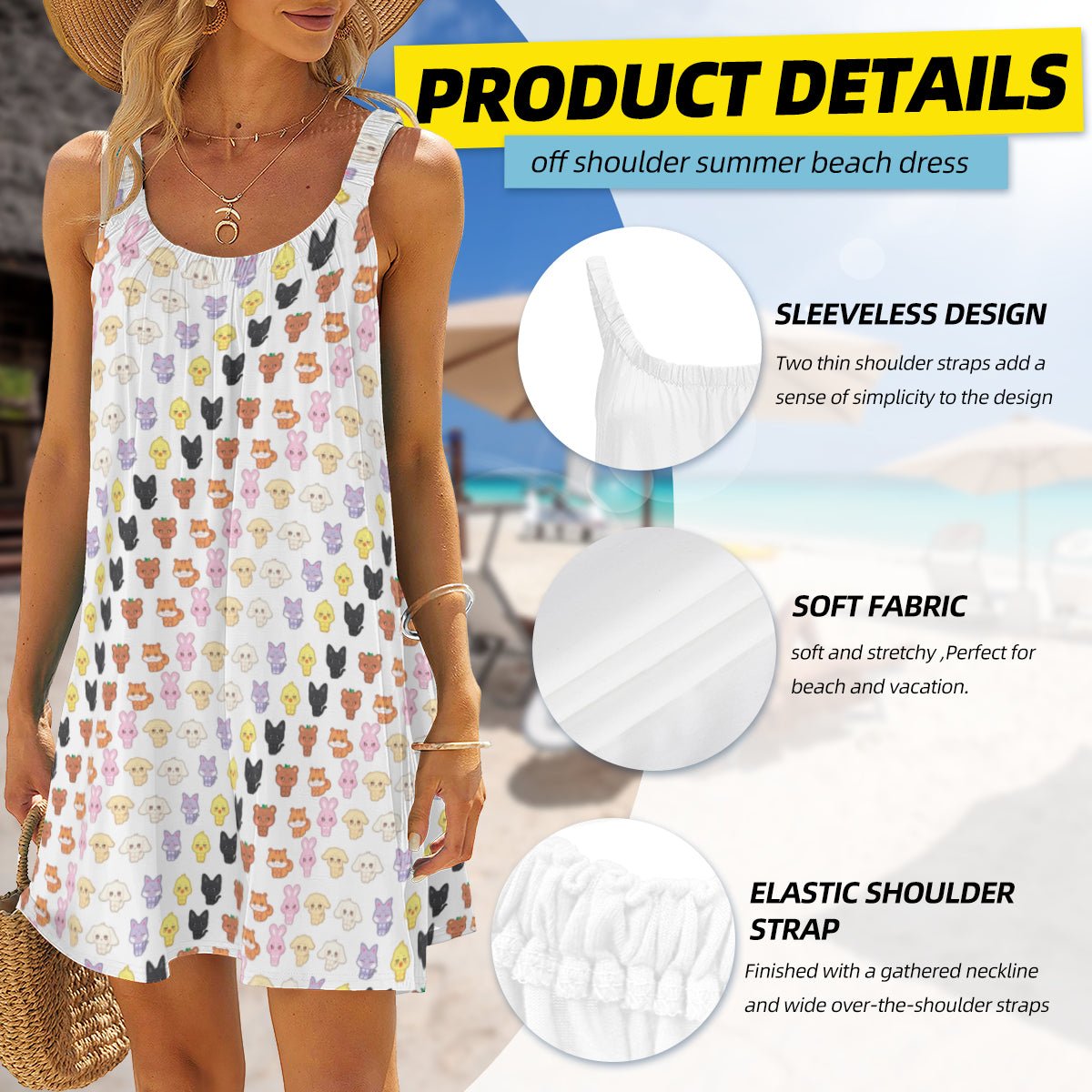 Ateez - Aniteez Patterned All - Over Print Women's Sleeveless Cami Dress in White - Beach Dress - Lounge Dress - Beyond The Shoppe