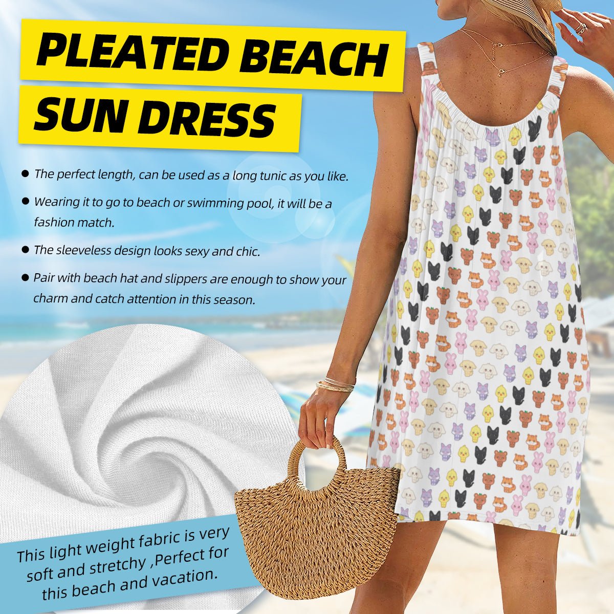 Ateez - Aniteez Patterned All - Over Print Women's Sleeveless Cami Dress in White - Beach Dress - Lounge Dress - Beyond The Shoppe