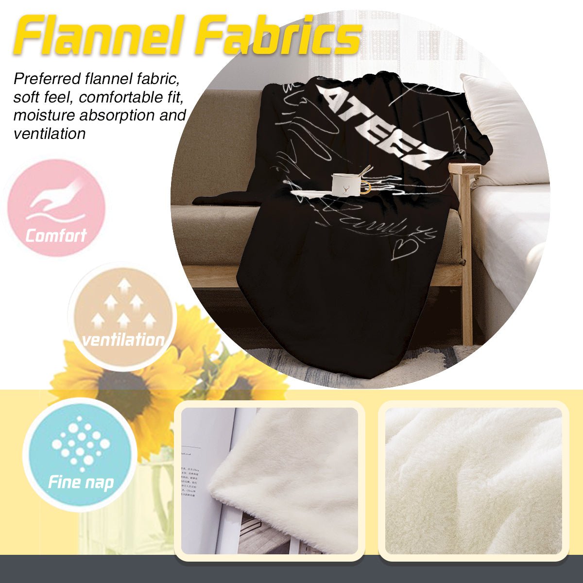 Ateez Logo and Signatures Flannel Breathable Blanket 4 Sizes! Blanket Throw - Beyond The Shoppe