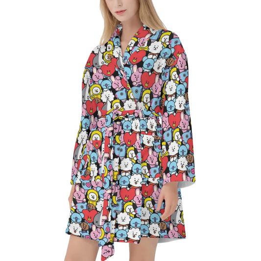 BT21 Pattern Women's Bathrobe - BTS Black BT21 character pattern design - BTS Robe - Beyond The Shoppe