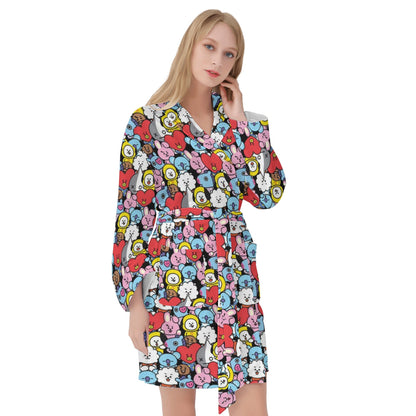 BT21 Pattern Women's Bathrobe - BTS Black BT21 character pattern design - BTS Robe - Beyond The Shoppe