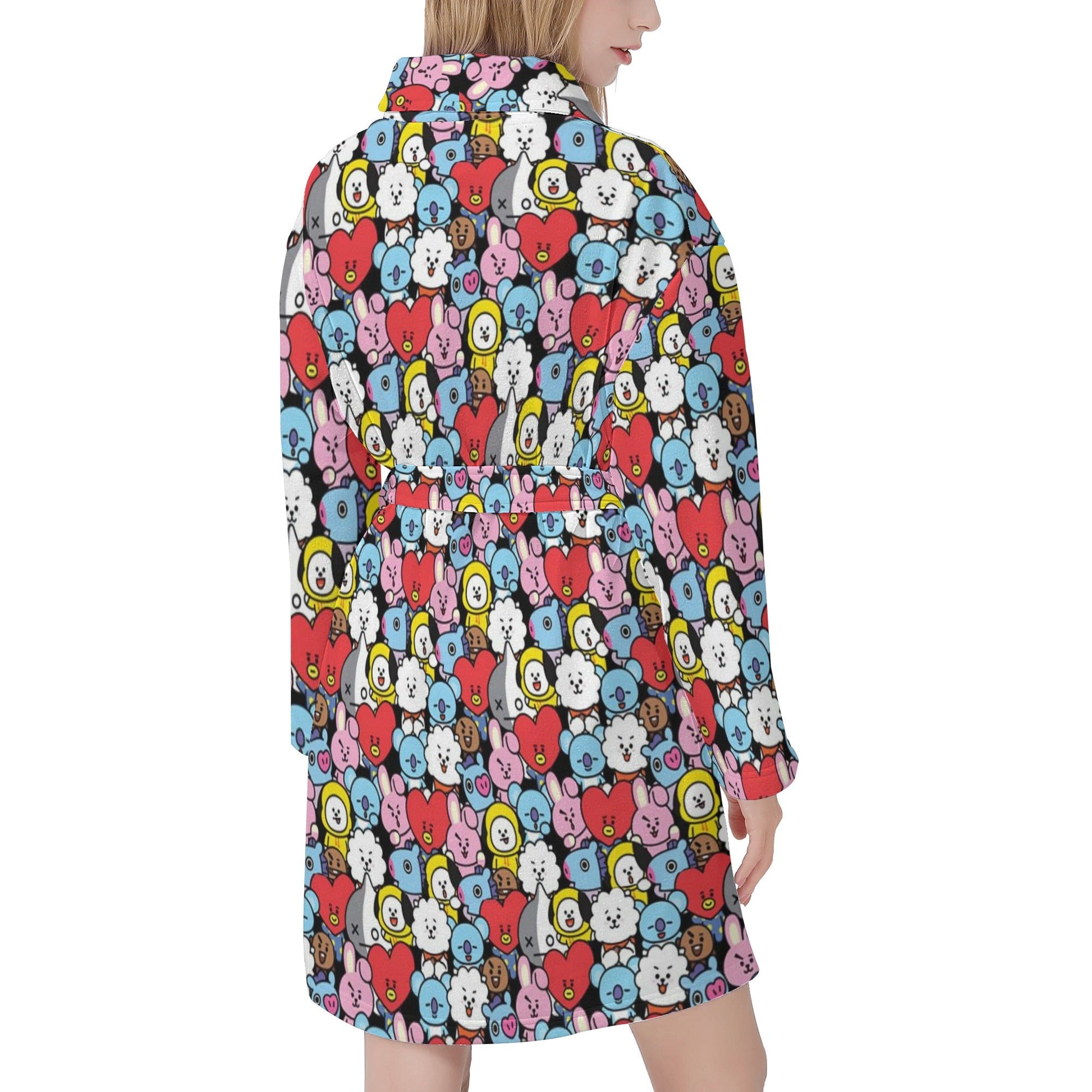 BT21 Pattern Women's Bathrobe - BTS Black BT21 character pattern design - BTS Robe - Beyond The Shoppe