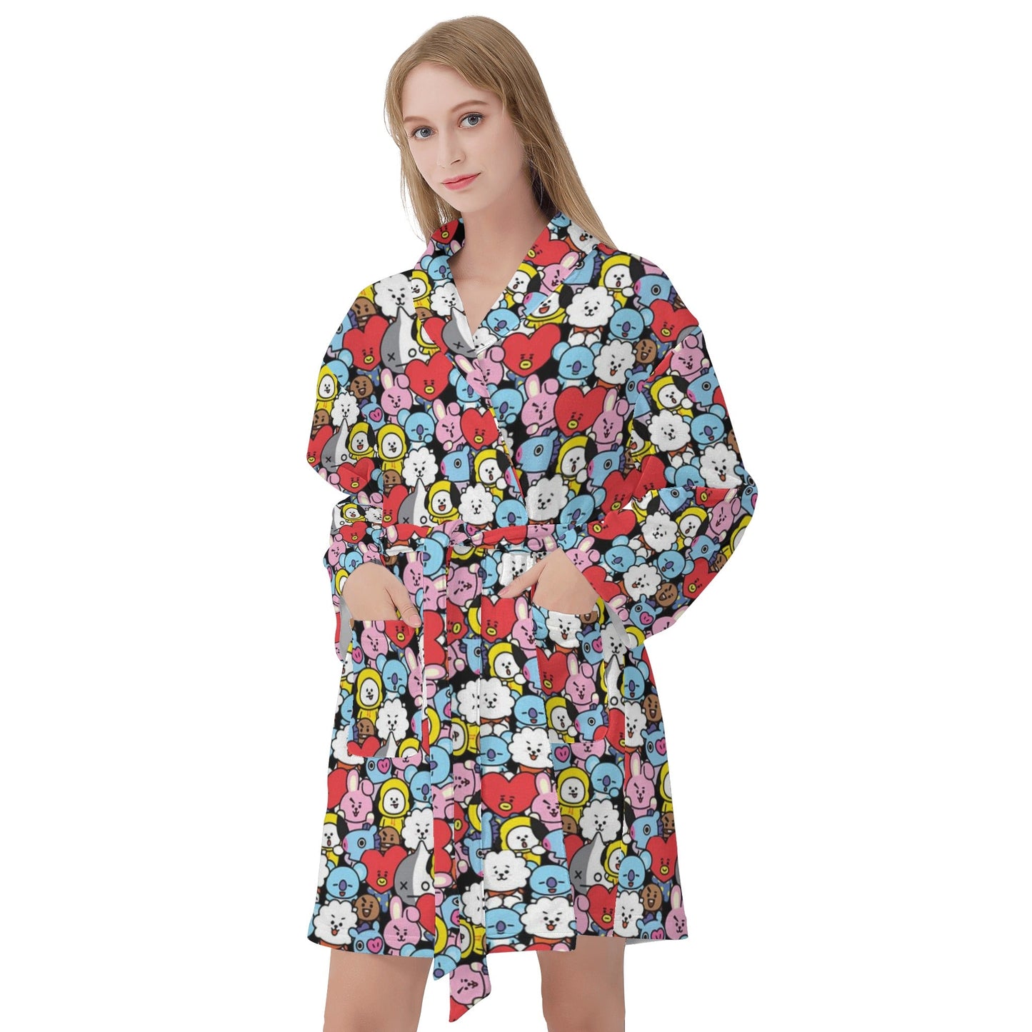 BT21 Pattern Women's Bathrobe - BTS Black BT21 character pattern design - BTS Robe - Beyond The Shoppe