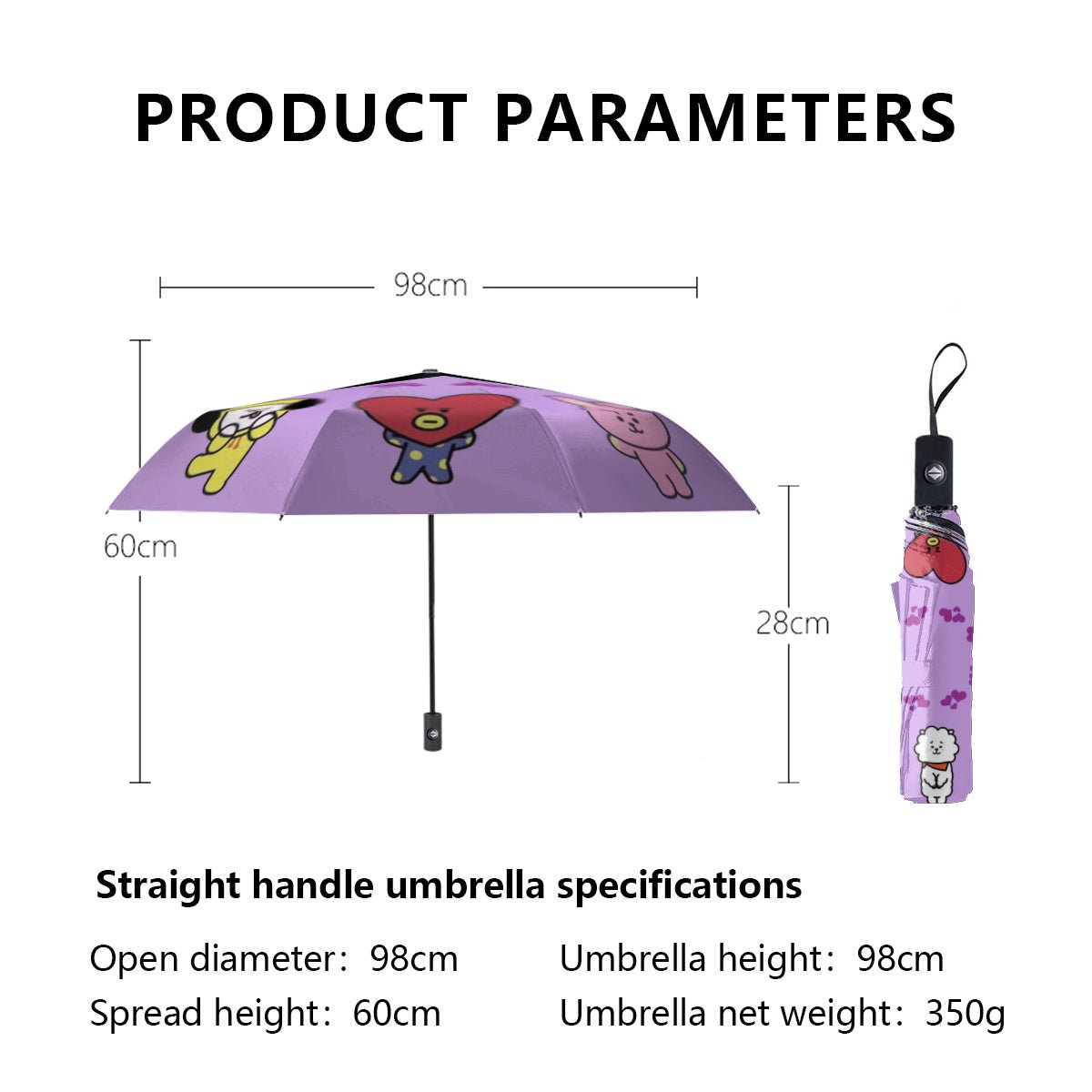 BT21 Umbrella purple Automatic opening umbrella - Kpop for rainy weather and protection from weather - Beyond The Shoppe