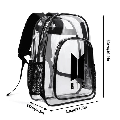 BTS Black Logo Clear Backpack 17 Inch PVC Transparent Bookbag - Beyond The Shoppe