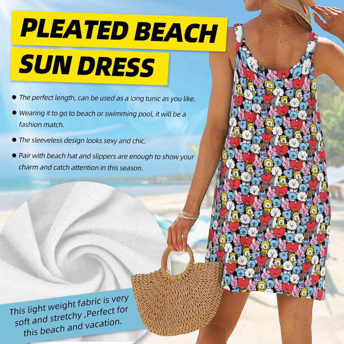 BTS BT21 All - Over Print Women's Sleeveless Cami Dress - Beach Dress - Lounge Dress - Beyond The Shoppe