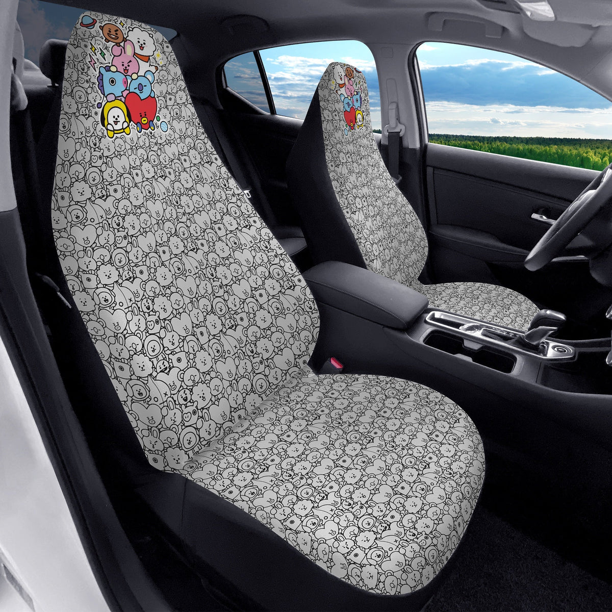 BTS BT21 Black & White Microfiber Car Seat Covers - Set of 2 - BTS car seat cover - bangtan army car accessories - ARMY - Beyond The Shoppe