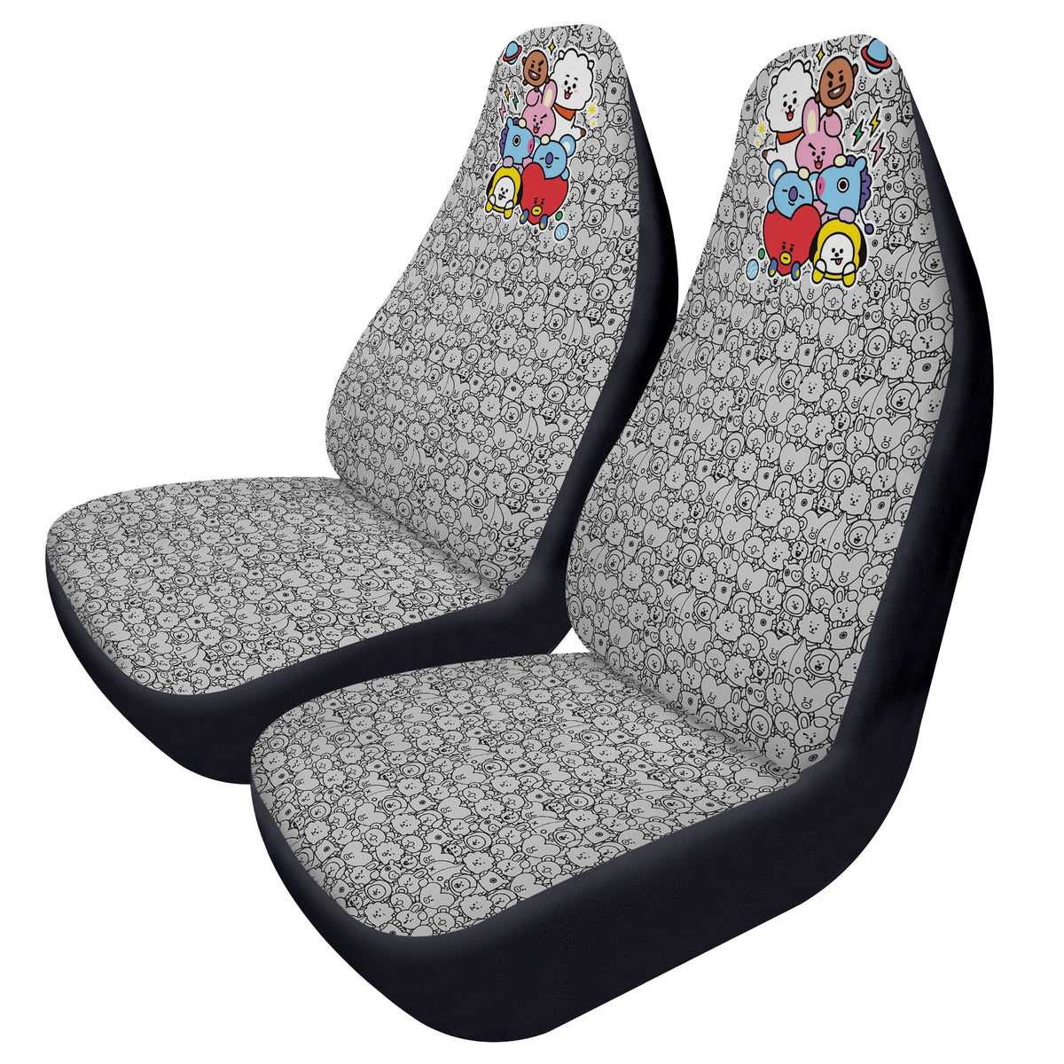 BTS BT21 Black & White Microfiber Car Seat Covers - Set of 2 - BTS car seat cover - bangtan army car accessories - ARMY - Beyond The Shoppe