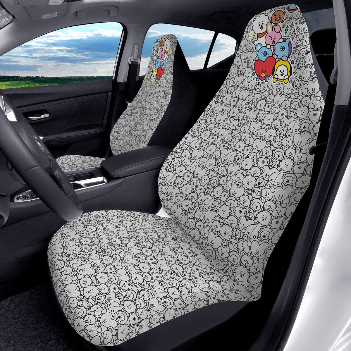 BTS BT21 Black & White Microfiber Car Seat Covers - Set of 2 - BTS car seat cover - bangtan army car accessories - ARMY - Beyond The Shoppe