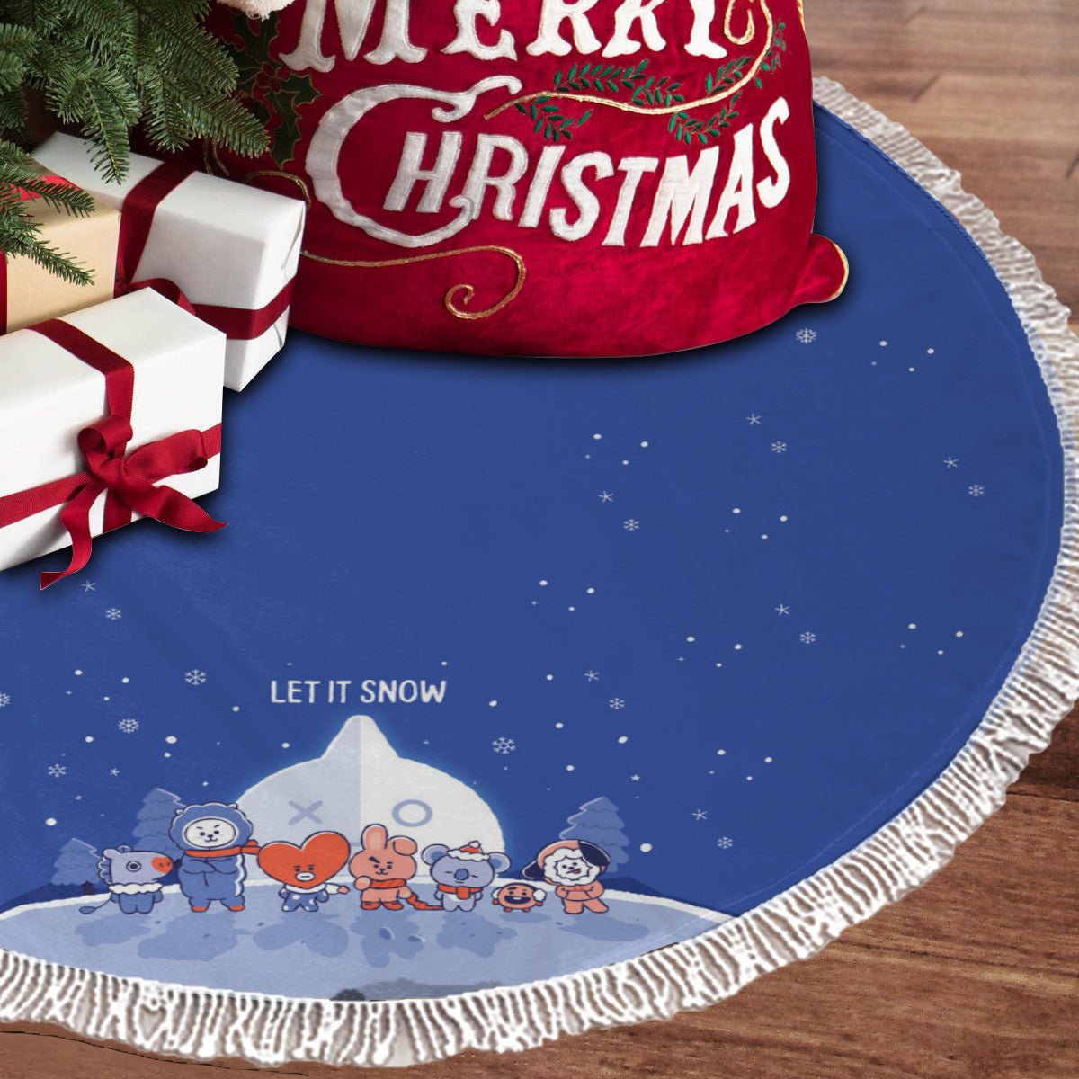 BTS BT21 Blue Let It Snow Holiday Tree Skirt – Plush Christmas Tree Skirt - Soft, Cozy & Festive Decor - Beyond The Shoppe