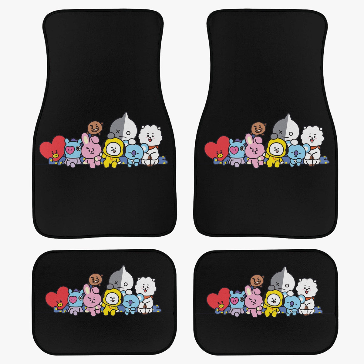 BTS BT21 Car Mats - Set of 4 (2 Front & 2 Rear) - BTS Car Accessories - koya, rj, mang, shooky, chimmy, tata and cookie - Kpop car mats - Beyond The Shoppe