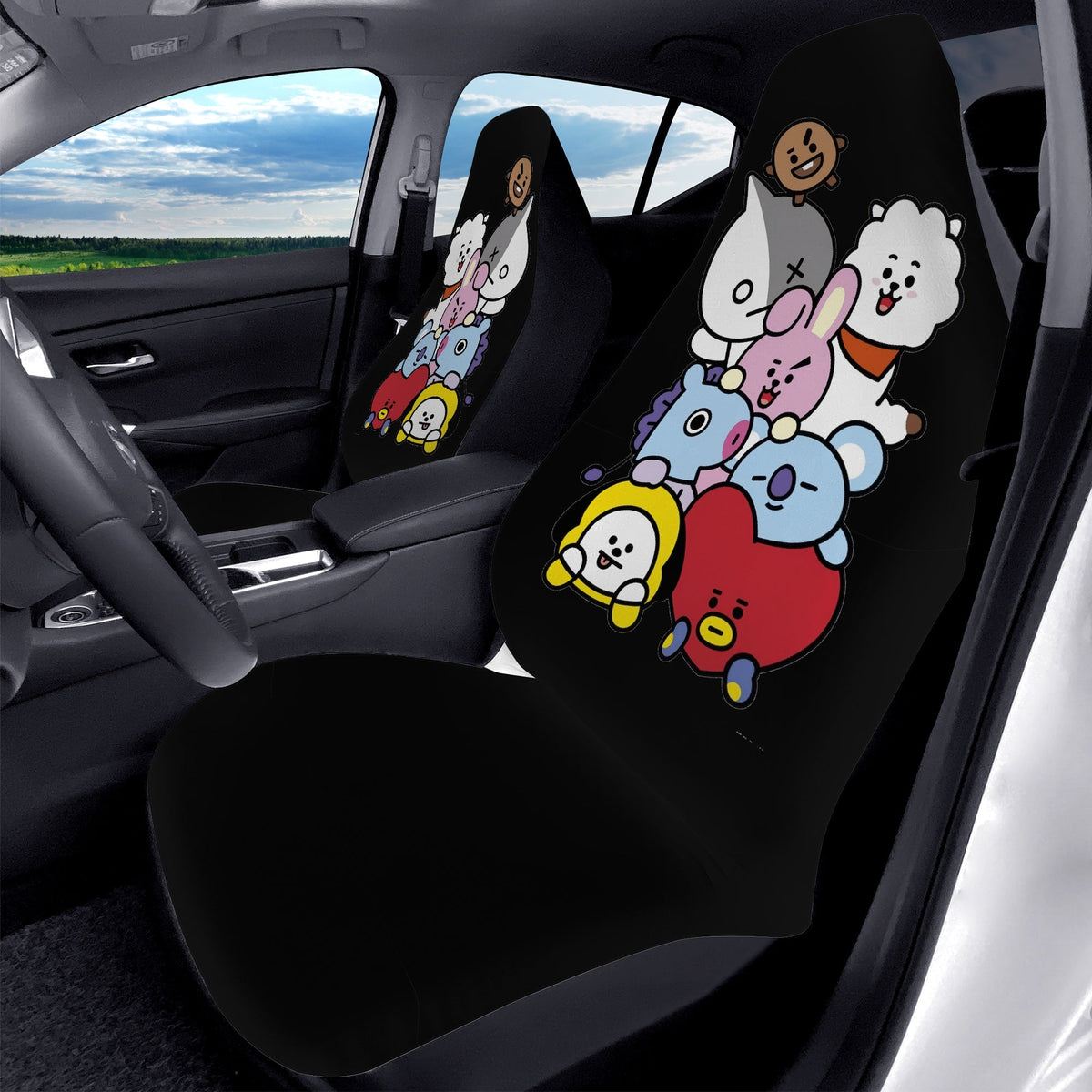 BTS BT21 Car Seat Covers - Set of 2 - BTS car seat covers - koya, rj, mang, shooky, chimmy, v & cooky - army car - bts car - bts fan - Beyond The Shoppe