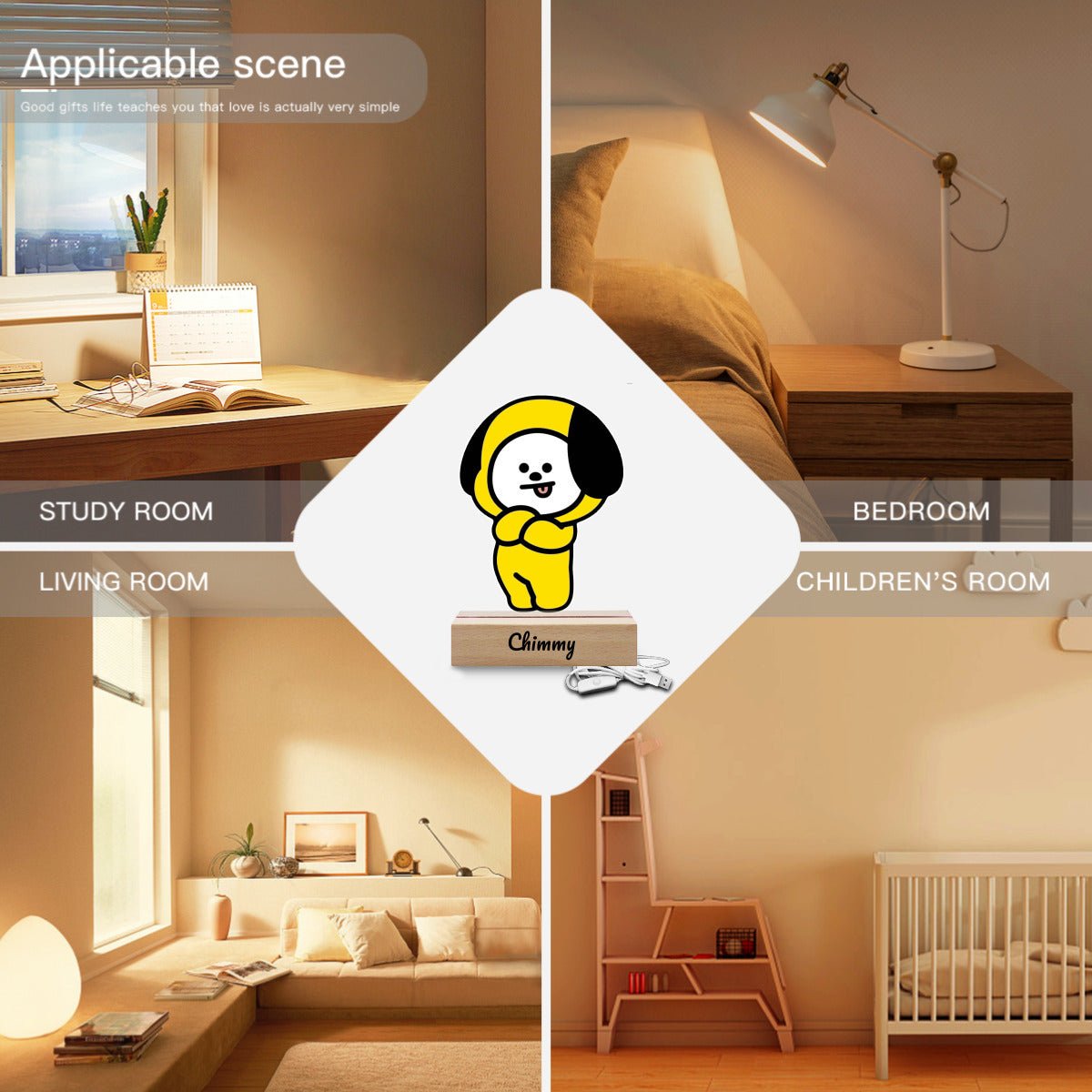 BTS BT21 Chimmy Acrylic Night Light – Customizable LED Lamp with Wooden Base - Beyond The Shoppe