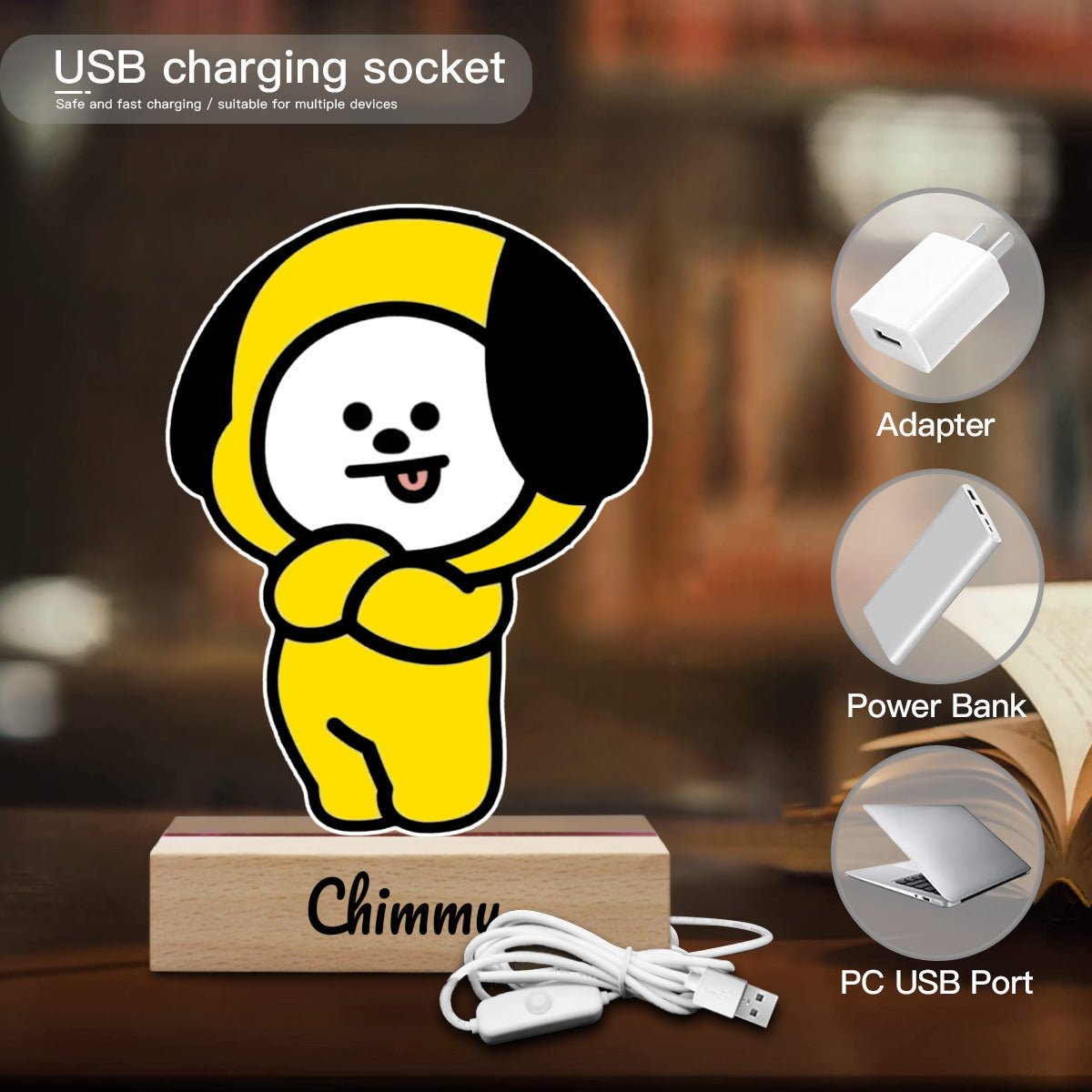 BTS BT21 Chimmy Acrylic Night Light – Customizable LED Lamp with Wooden Base - Beyond The Shoppe