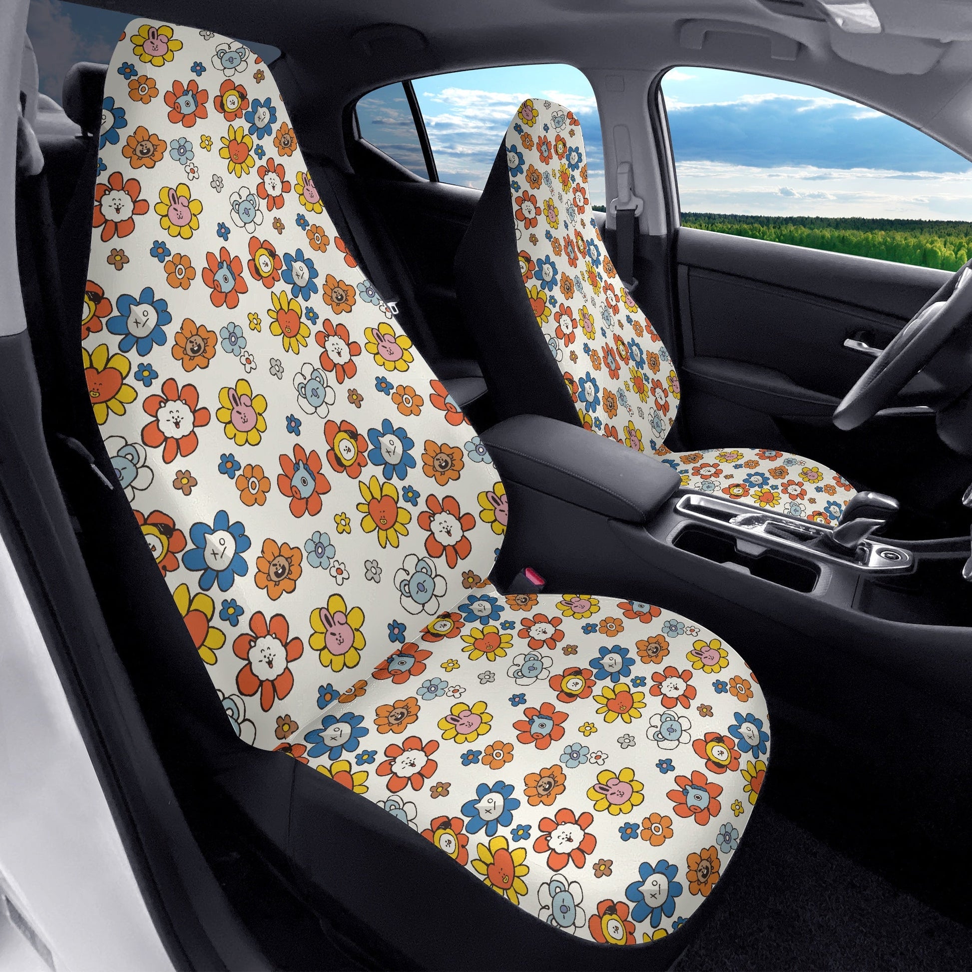BTS BT21 Flowers Themed Car Seat Covers - Set of 2 - BTS car seat cover - bangtan army car accessories - bts car - bts fan - Beyond The Shoppe