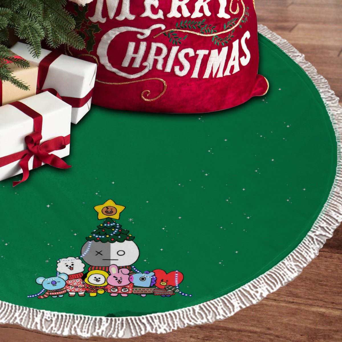 BTS BT21 Green Holiday Tree Skirt – Plush Christmas Tree Skirt - Soft, Cozy & Festive Decor - Beyond The Shoppe
