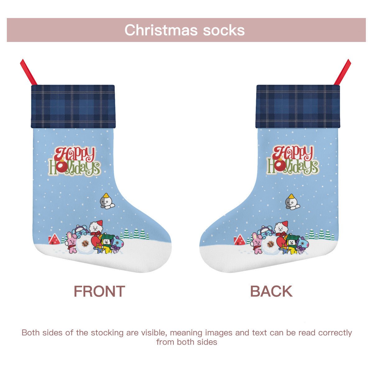 BTS BT21 Happy Holidays Fun in the Snow! Classic Holiday 16 - Inch Linen Christmas Stocking – Decor, Soft & Durable - Beyond The Shoppe