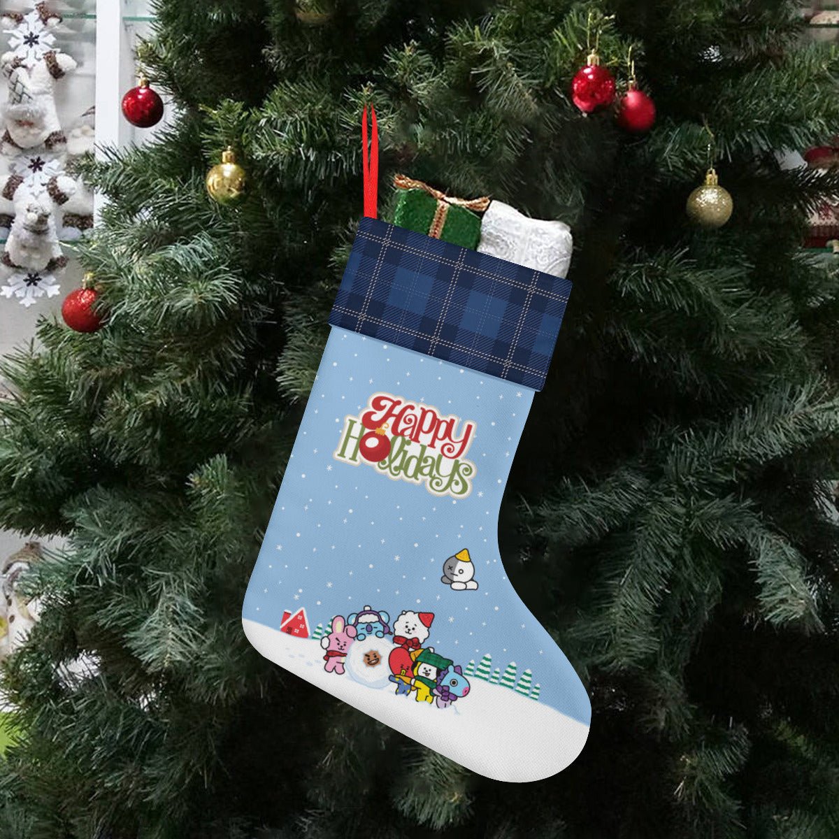 BTS BT21 Happy Holidays Fun in the Snow! Classic Holiday 16 - Inch Linen Christmas Stocking – Decor, Soft & Durable - Beyond The Shoppe