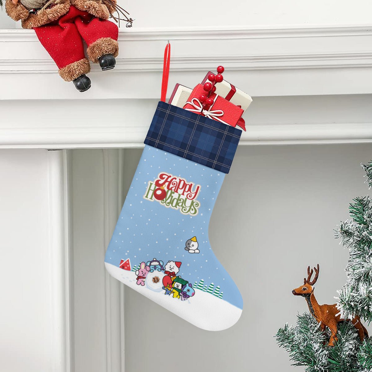BTS BT21 Happy Holidays Fun in the Snow! Classic Holiday 16 - Inch Linen Christmas Stocking – Decor, Soft & Durable - Beyond The Shoppe