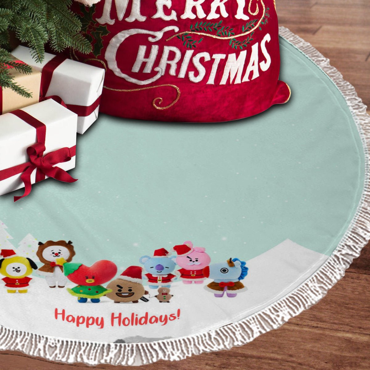 BTS BT21 "Happy Holidays" Holiday Tree Skirt – Plush Christmas Tree Skirt - Soft, Cozy & Festive Decor - Beyond The Shoppe
