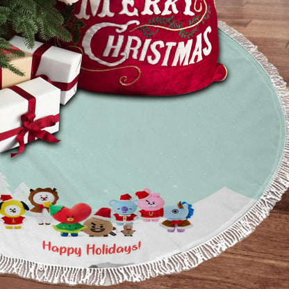 BTS BT21 "Happy Holidays" Holiday Tree Skirt – Plush Christmas Tree Skirt - Soft, Cozy & Festive Decor - Beyond The Shoppe